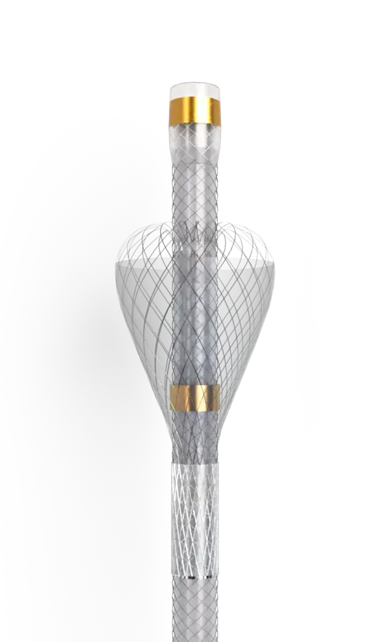 Close-up of a catheter-like medical device with an expanded wire-mesh basket or filter surrounding the shaft and gold-colored marker bands.