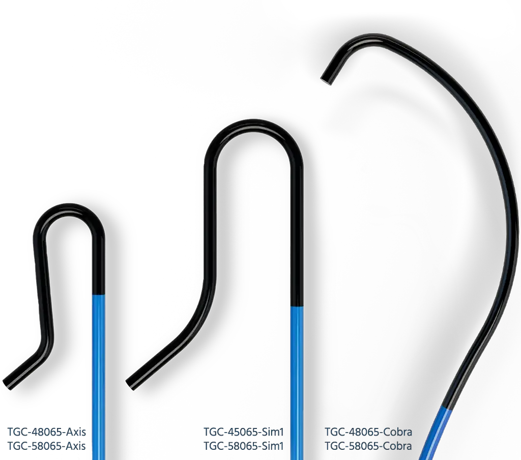 Diagram comparing three black-and-blue curved tube designs: a smaller hooked tube on the left, a taller U-shaped tube in the center labeled TGC-45065-Sim1 and TGC-58065-Sim1, and a large sweeping curved tube on the right labeled TGC-48065-Cobra and TGC-58065-Cobra.